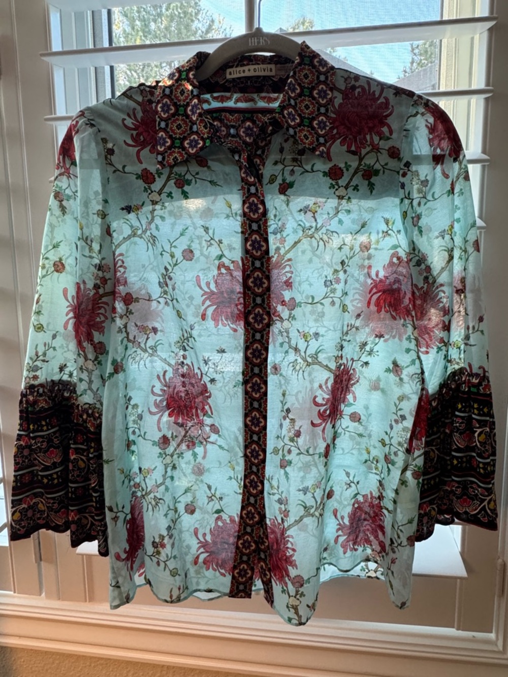 Alice + Olivia Light Blue Button-Down Shirt with Red Floral Print - Picture 11 of 11
